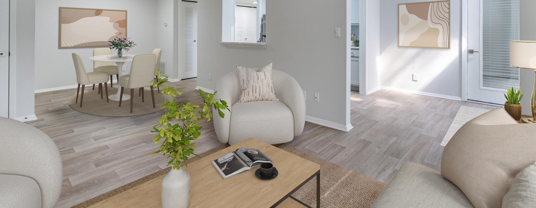 couch and chairs in living room open to dining area